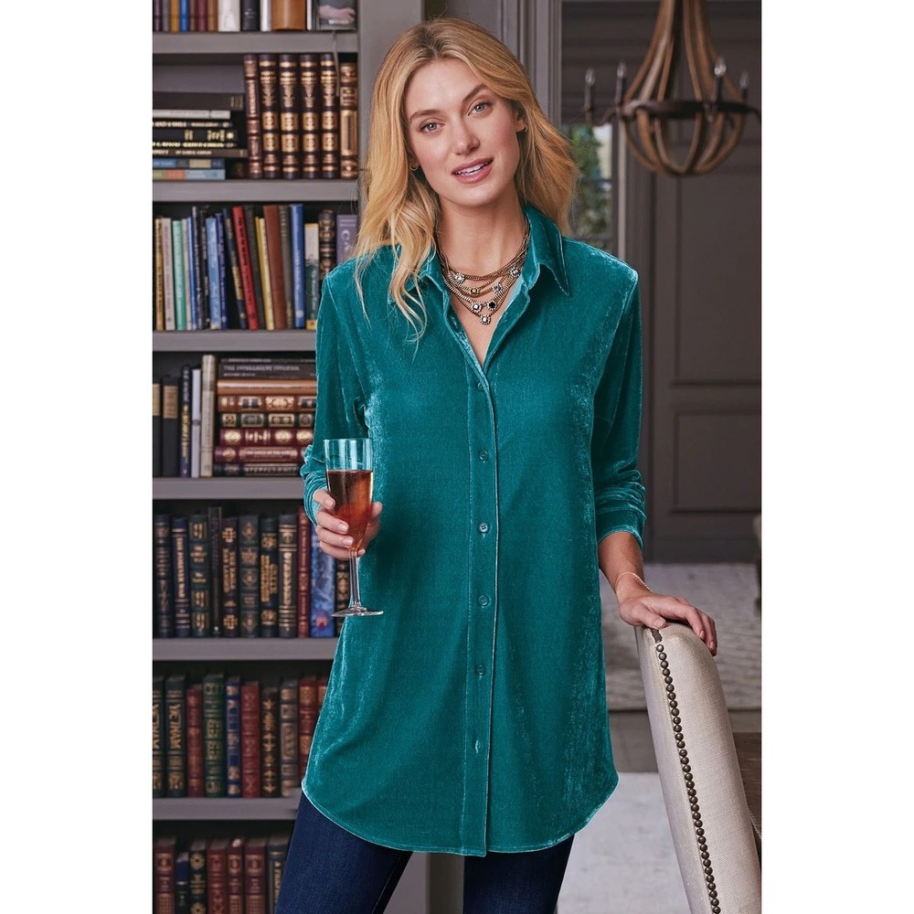 Soft Surroundings Teal Atlantic Stretch Velvet Big Shirt Size PM